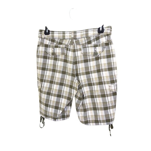 Womens Shorts Size 10 Plaid Taupe Gray Cargo Tie Hem Casual Comfort Lightweight - Picture 2 of 4